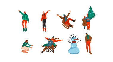 El çizimi vektör soyut eğlence stoku Mutlu Noeller ve beyaz arka planda izole edilmiş Xmas açık hava insanlarının şirin çizimleri olan yeni yıl karikatürü.
