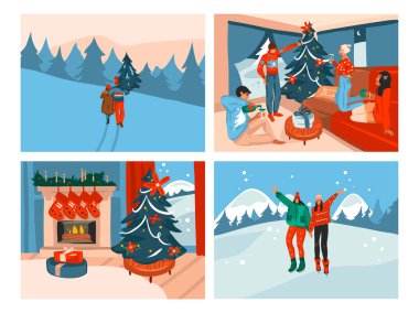 El çizimi vektör soyut eğlence stoku düz Mutlu Noeller ve beyaz arka planda izole edilmiş şirin Xmas sahneleri koleksiyonu çizimleri olan yeni yıl karikatürü.