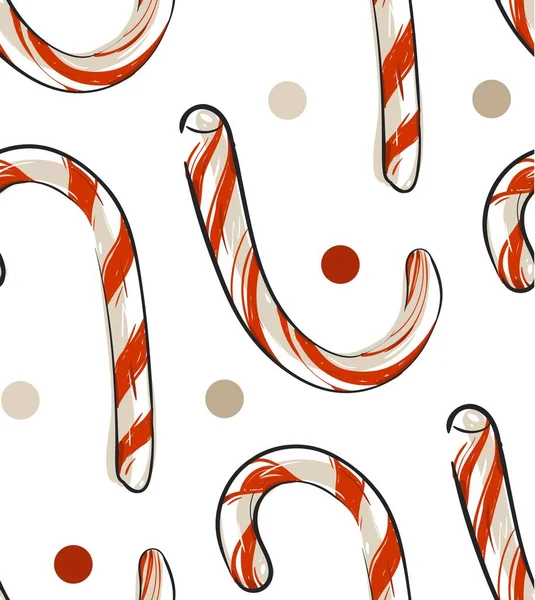 Dibujado a mano vector abstracto patrón sin costuras de Navidad con bastones de caramelo aislados en el diseño de menú background.Christmas blanco. Feliz Año Nuevo y Feliz Navidad concept.Wrapping patrón paper.Fabric. — Vector de stock