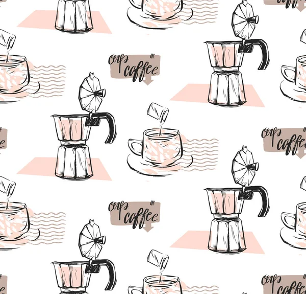 手工制作的矢量抽象质感完美的咖啡概念图案，用杯子、牛奶、间歇泉咖啡和手工书写的现代书法阶段的咖啡在白色上隔离开来。咖啡店. — 图库矢量图片
