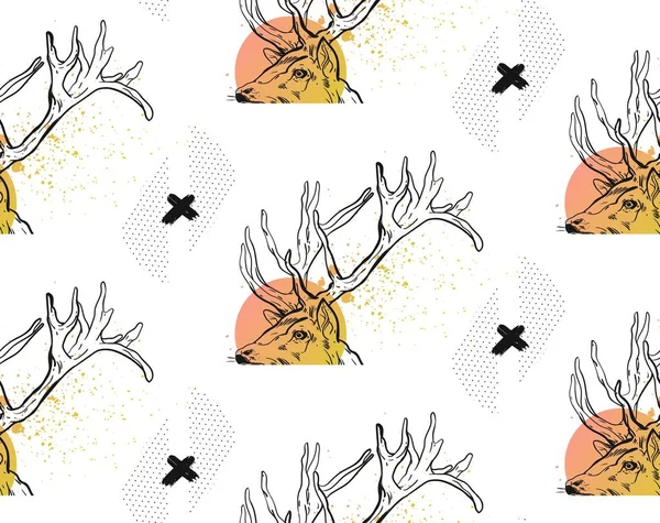 Hand drawn vector abstract modern textured seamless pattern with ink black crosses,polka dot textures and deer heads in pastel colors isolated on white background.Hipster trendy texture with crosses. — Stock Vector