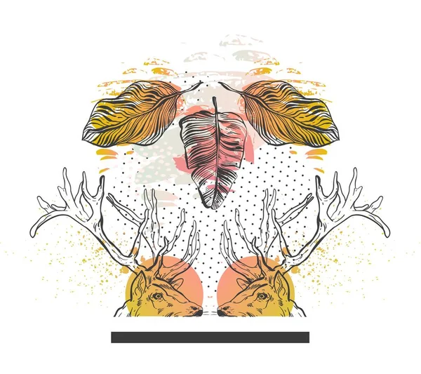 Ручной рисунок векторного абстрактного текстурированного графического состава головы оленя и тропических пальмовых листьев, выделенных на белом фоне, сельский племенной рисунок. — стоковый вектор