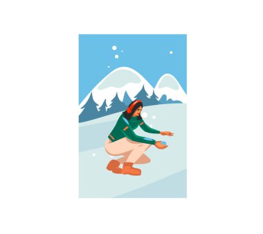 Elle çizilmiş vektör soyut stok düz Mutlu Noeller ve mutlu yıllar karikatürü içinde kışın arka planda tek başına yürürken Xmas 'ın mutlu resmedilmiş güzel resimleri olan mutlu yıllar.