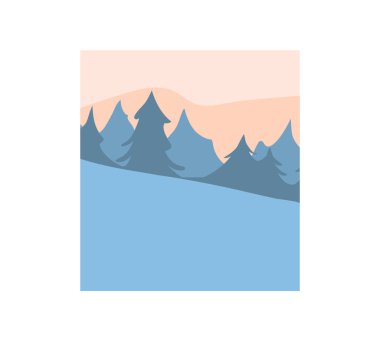 El çizimi vektör soyut eğlence stoku düz Mutlu Noeller, ve yeni yıl karikatürü renkli köknar ağaçları ile Noel kış dağ manzarasının şirin çizimleri