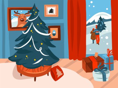 El çizimi vektör soyut düz Mutlu Noeller ve renkli arka planda izole edilmiş tatil evindeki büyük süslü Noel ağacının yeni yıl karikatürü.