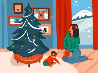 El çizimi vektör soyut düz Mutlu Noeller ve mutlu yeni yıl karikatürleri büyük süslü Noel ağacı ve mutlu bir ailenin renkli arka planda izole edilmiş tatil evindeki çizimleri.