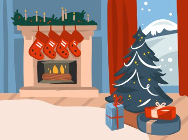 El çizimi vektör soyut düz Mutlu Noeller ve renkli arka planda izole edilmiş büyük dekore edilmiş şömine ve xmas ağacının yeni yıl karikatürü çizimleri.
