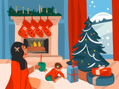 El çizimi vektör soyut düz Mutlu Noeller ve mutlu yeni yıl karikatürleri büyük süslü Noel ağacı ve mutlu bir ailenin renkli arka planda izole edilmiş tatil evindeki çizimleri.