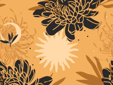 El çizimi vektör soyut düz stok grafik ikonu çizimi kasımpatı çiçekleri, ay evreleri, renk arkaplan üzerinde izole edilmiş mistik ve basit ana hatlar ile kusursuz desen