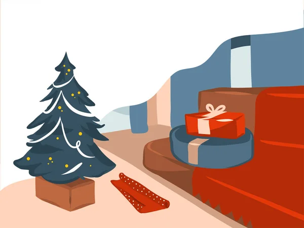 Dibujado a mano vector abstracto stock plana Feliz Navidad, y Feliz Año Nuevo ilustraciones festivas de dibujos animados de gran árbol de Navidad decorado y cajas de regalo en el interior de la casa de vacaciones aislado en el fondo de color — Vector de stock