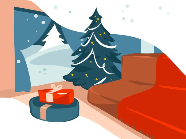 Dibujado a mano vector abstracto stock plana Feliz Navidad, y Feliz Año Nuevo ilustraciones festivas de dibujos animados de gran habitación decorada y cajas de regalo en el interior de la casa de vacaciones aislado en el fondo de color — Vector de stock