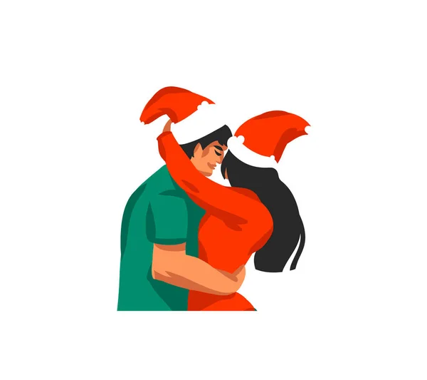 Dessiné à la main vecteur abstrait fun stock plat Joyeux Noël, et Bonne année carte de dessin animé avec des illustrations de couple de Noël ensemble embrasser et étreindre isolé sur fond blanc — Image vectorielle