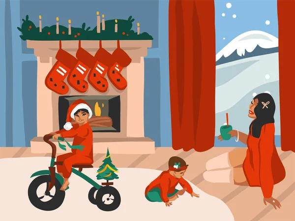 Vecteur dessiné à la main abstrait plat Joyeux Noël et bonne année dessins animés illustrations festives de grand arbre de Noël décoré et heureuse famille dans la maison de vacances intérieur isolé sur fond de couleur — Image vectorielle