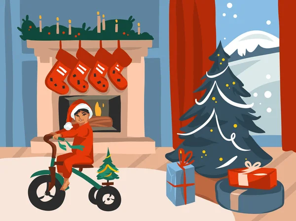 Dibujado a mano vector abstracto divertido stock plana Feliz Navidad, y Feliz Año Nuevo tarjeta festiva de dibujos animados con ilustraciones lindas de Navidad bebé niño en casa aislado en el fondo de color — Vector de stock