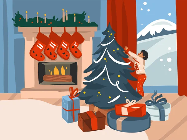 Vettore disegnato a mano astratto divertente magazzino piatto Buon Natale, e felice anno nuovo cartone animato festivo con simpatiche illustrazioni di Natale bambino a casa isolato su sfondo bianco — Vettoriale Stock