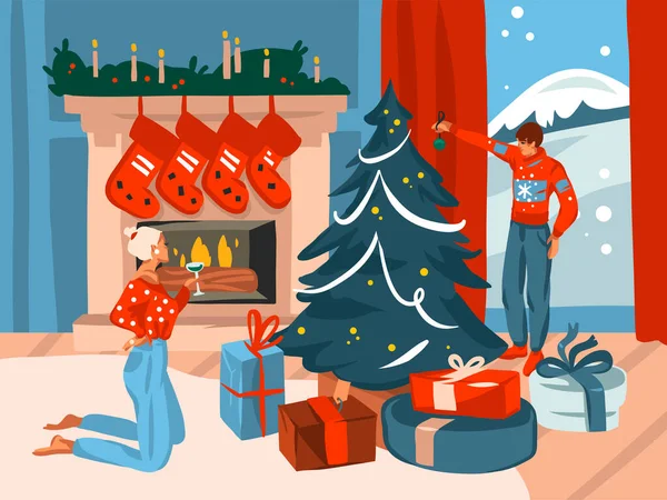 Kézzel rajzolt vektor elvont szórakoztató állomány lakás Boldog karácsonyt, és boldog új évet karikatúra ünnepi kártya aranyos illusztrációi Xmas csók pár otthon együtt elszigetelt fehér háttér — Stock Vector