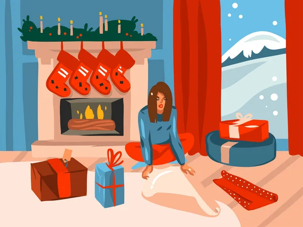 Ręcznie rysowane wektor abstrakcyjny czas zabawy płaskie Wesołych Świąt i Szczęśliwego Nowego Roku kartka świąteczna z uroczymi ilustracjami Xmas dziewczyna przygotowuje prezenty w domu odizolowany na białym tle — Wektor stockowy