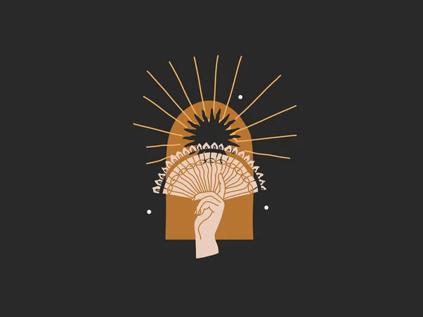 手描きベクトル抽象ストックフラットグラフィックイラストでロゴ要素、金の太陽とアーチの女性の手、黒の背景に隔離されたブランディングのためのシンプルなスタイルで魔法のラインアート — ストックベクタ