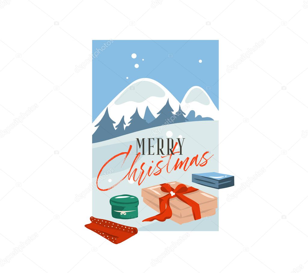 Hand drawn vector abstract flat Merry Christmas,and Happy New Year cartoon festive card with cute illustrations of big surprise present box outdoor on winter landscape isolated on white background