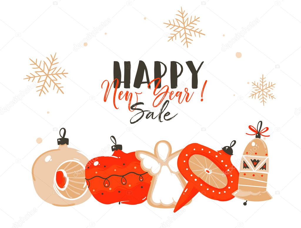 Hand drawn vector abstract fun stock flat Merry Christmas,and Happy New Year time cartoon festive card with cute illustrations of Xmas and vintage tree toys isolated on color background