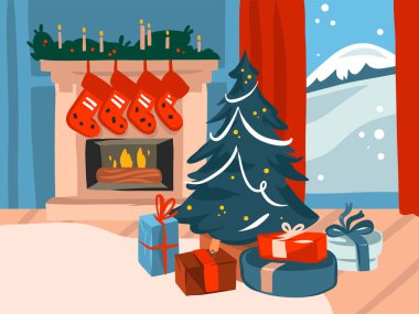 El çizimi vektör soyut düz Mutlu Noeller ve renkli arka planda izole edilmiş büyük dekore edilmiş şömine ve xmas ağacının yeni yıl karikatürü çizimleri.