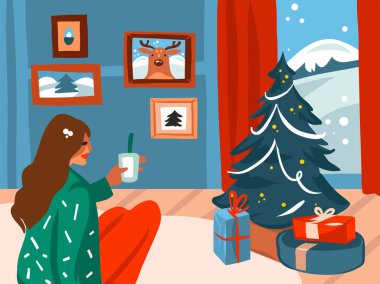 El çizimi vektör soyut düz Mutlu Noeller ve büyük süslü Xmas ağacı ve kadın resimlerinin çizimleri renkli arka planda izole edilmiş tatil evlerinde kakao içiyorlar.