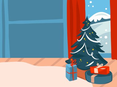 El çizimi vektör soyut düz Mutlu Noeller ve yeni yıl karikatürleri büyük süslü xmas ağacı ve hediye kutusunun renkli arka planda izole edilmiş hali.