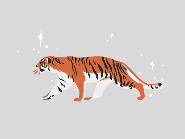 Χειροποίητο διάνυσμα αφηρημένο απόθεμα επίπεδη γραφική απεικόνιση με εθνοτική φυλή μυστικιστική όμορφη τίγρη στην άγρια φύση, και μαγικά αστέρια σε απλό στυλ, απομονώνονται σε λευκό φόντο — Διανυσματικό Αρχείο