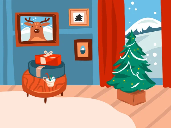 圣诞快乐，新年快乐卡通片节庆插画，圣诞大圣诞树和礼品盒挂在度假别墅的内部，以色彩为背景 — 图库矢量图片
