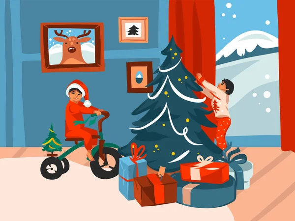 Ručně kreslený vektor abstraktní zábava stock fotky ploché Veselé Vánoce, a šťastný Nový rok karikatura slavnostní karty s roztomilými ilustracemi vánočních děťátek doma spolu izolované na bílém pozadí — Stockový vektor