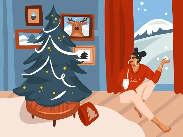 Handgetekende vector abstracte voorraad flat Vrolijk Kerstmis, en Gelukkig Nieuwjaar cartoon feestelijke illustraties van grote versierde kerstboom en vrouw in het vakantiehuis interieur geïsoleerd op kleur achtergrond — Stockvector