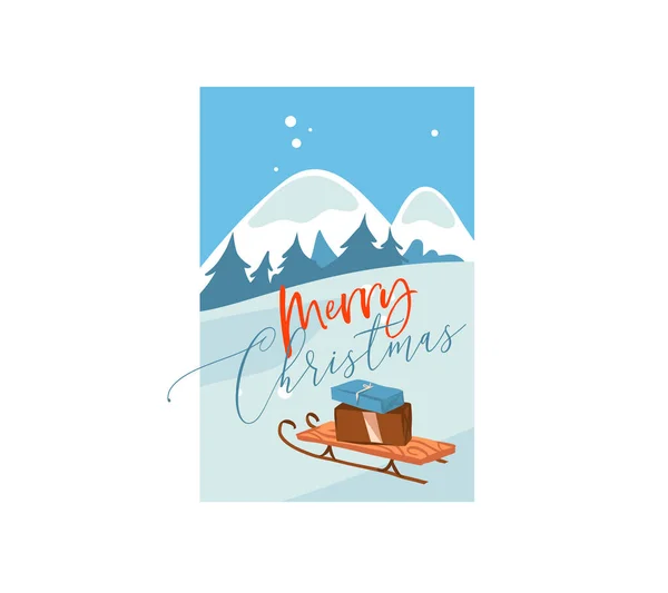 Kézzel rajzolt vektor elvont lapos Boldog Karácsonyt, és Boldog Új Évet karikatúra ünnepi kártya aranyos illusztrációk nagy meglepetés ajándék doboz szabadban téli táj elszigetelt fehér háttér — Stock Vector