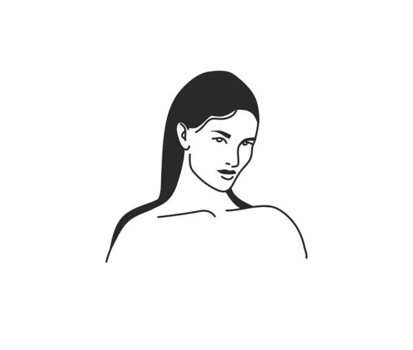 Mão desenhado vetor abstrato estoque plana ilustração gráfica com elementos do logotipo, retrato feminino ícone de arte linha sagrada em estilo simples para branding, isolado no fundo branco — Vetor de Stock