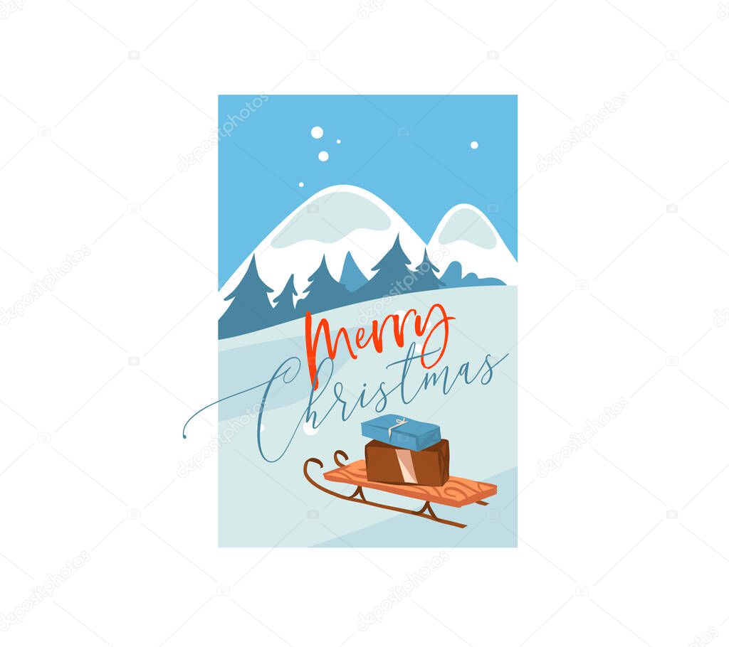 Hand drawn vector abstract flat Merry Christmas,and Happy New Year cartoon festive card with cute illustrations of big surprise present box outdoor on winter landscape isolated on white background
