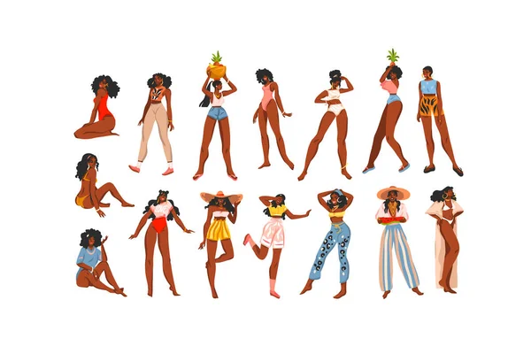 Ręcznie rysowane wektor abstrakcyjne akcji płaskie współczesne ilustracje zbiór zestaw pakiet, z różnych młodych hipsterów dorosłych afrykańskich kobiet w stylu mody strój odizolowany na białym tle — Wektor stockowy