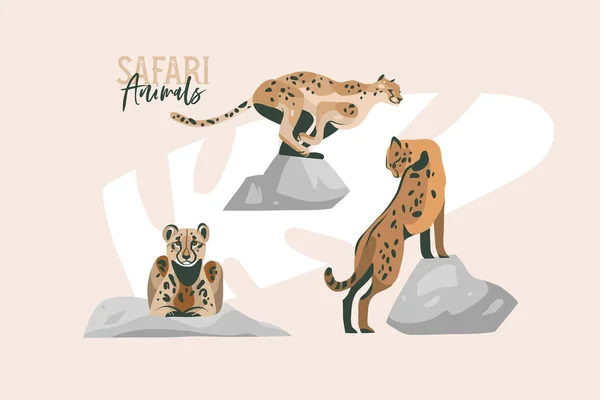 Hand drawn vector stock abstract flat graphic illustration with African wild running cheetah and jaguar collection set,cartoon animal design isolated on white background