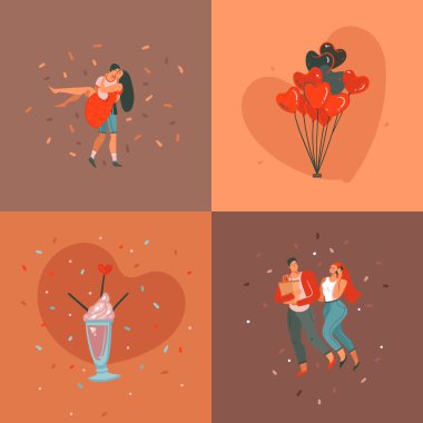 El çizimi vektör soyut çizgi film modern sevgililer günü konsepti çizimleri sanat kartları ve poster koleksiyonları dans eden çiftler, renkli arka planda izole edilmiş insanlar.