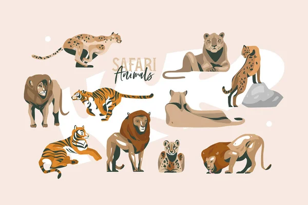 Handgezeichnete Vektor Stock abstrakte flache grafische Illustration mit afrikanischen wilden Löwen und Löwin, Geparden, Jaguar und Tigern in der wilden Sammlung Set, Zeichentricktier-Design isoliert auf weißem Hintergrund — Stockvektor