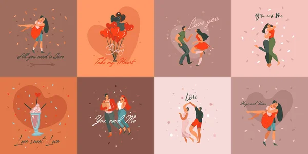 Dessiné à la main vecteur abstrait dessin animé graphique moderne Happy Valentines concept illustrations cartes d'art et affiches collection ensemble avec des couples de danse, les gens isolés sur fond coloré — Image vectorielle