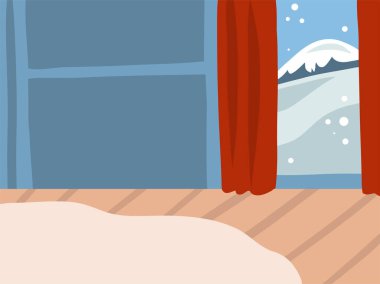 Elle çizilmiş vektör soyut stok düz Mutlu Noeller ve yeni yıl karikatürü kış manzarası çizimleri renk arka planında izole edilmiş yazlık evde.