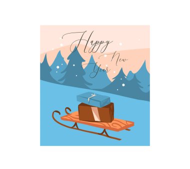 El çizimi vektör soyut eğlence stoku düz noel, ve mutlu yeni yıl karikatürleri içinde şirin Noel kızağı çizimleri ve beyaz arka planda izole edilmiş hediyeler
