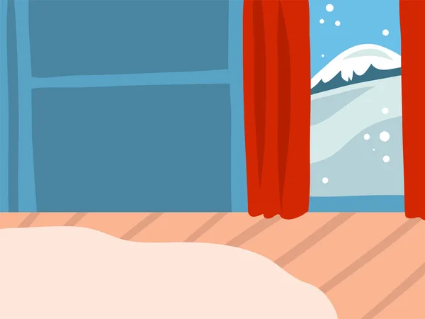 Ręcznie rysowane wektor abstrakcyjny czas płaski Wesołych Świąt i Szczęśliwego Nowego Roku kreskówki świąteczne ilustracje zimowego okna widok w domu wakacyjnym wnętrza izolowane na tle koloru — Wektor stockowy