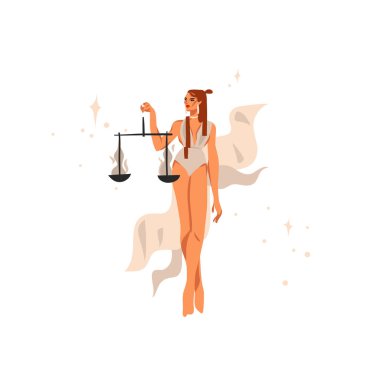 El çizimi vektör stoğu soyut düz grafik illüstrasyon zodyak astrolojik işaret Terazi güzellik sihirli kadın koleksiyonu, beyaz arka planda izole çizgi film sanatsal tasarımı
