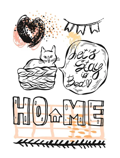Hand drawn vector graphic illustration set of cat in pottle with speech bubble and let s stay in bed phrase,textured ink hearts,colored glitters,pennant flag,and Home lettering.Cute design element. — Stock Vector