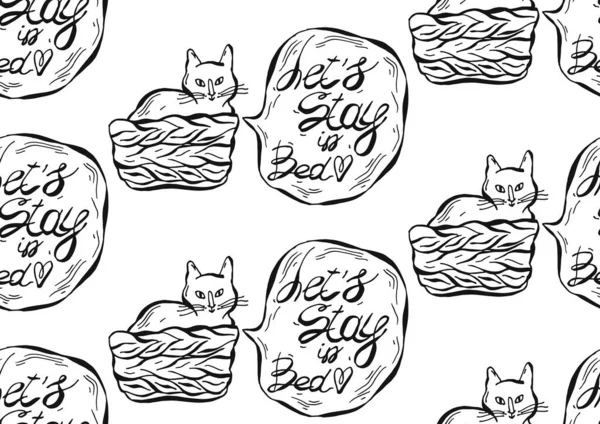 Handritad vektor grafiskt sömlöst mönster av katt i kruka med pratbubbla och låt oss stanna i sängen fras.Design för heminredning, papper, textil, husdjur butik, tapet, inbjudan kort bakgrund — Stock vektor