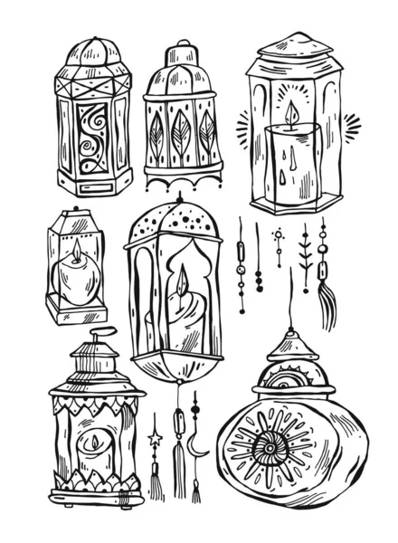 手描きベクトルラマダーンKareemとモスクの背景、美しいグリーティングカードのデザイン要素。 — ストックベクタ