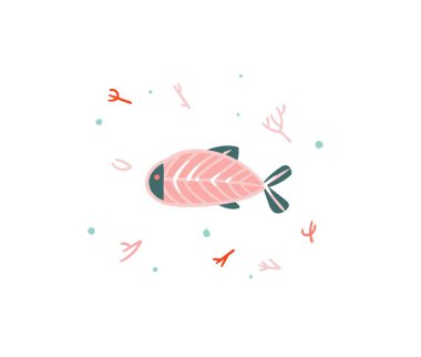 El çizimi vektör stoğu soyut düz çizgi film çizimi tropikal yaz okyanusu sualtı komik balıklar beyaz arka planda izole