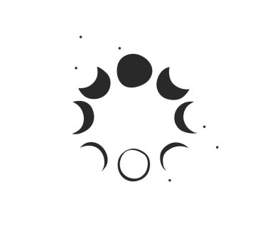 El çizimi vektör soyut düz grafik illüstrasyon seti sihirli göksel astroloji ay evrelerinin logo elementleri beyaz arka planda izole