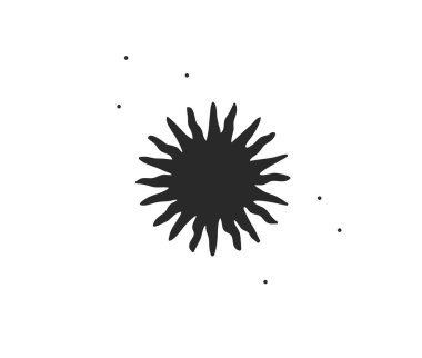 El çizimi vektör soyut düz grafik çizimi, sihirli göksel güneş silueti sanatının logo elementi, markalaşma için basit bir stilde, beyaz arka planda izole edilmiş.