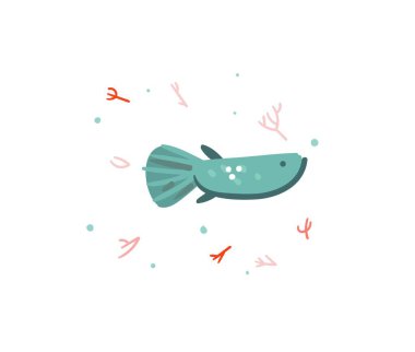 El çizimi vektör stoğu soyut düz çizgi film çizimi tropikal yaz okyanusu sualtı komik balıklar beyaz arka planda izole